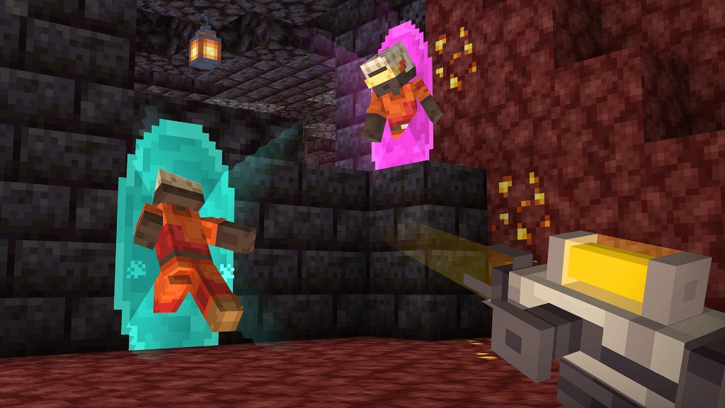 Players stepping through a cyan portal and a pink portal in a cave
