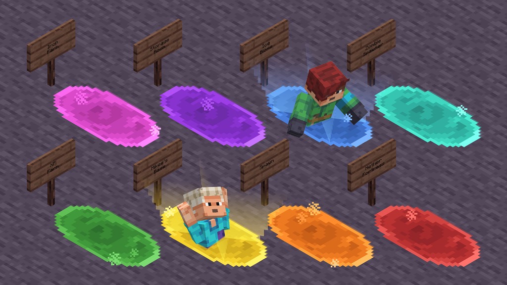 Colored portals on the ground, each marked with a wooden sign