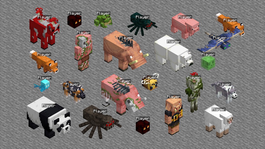 Players morphed into animals and mobs, each labeled Player