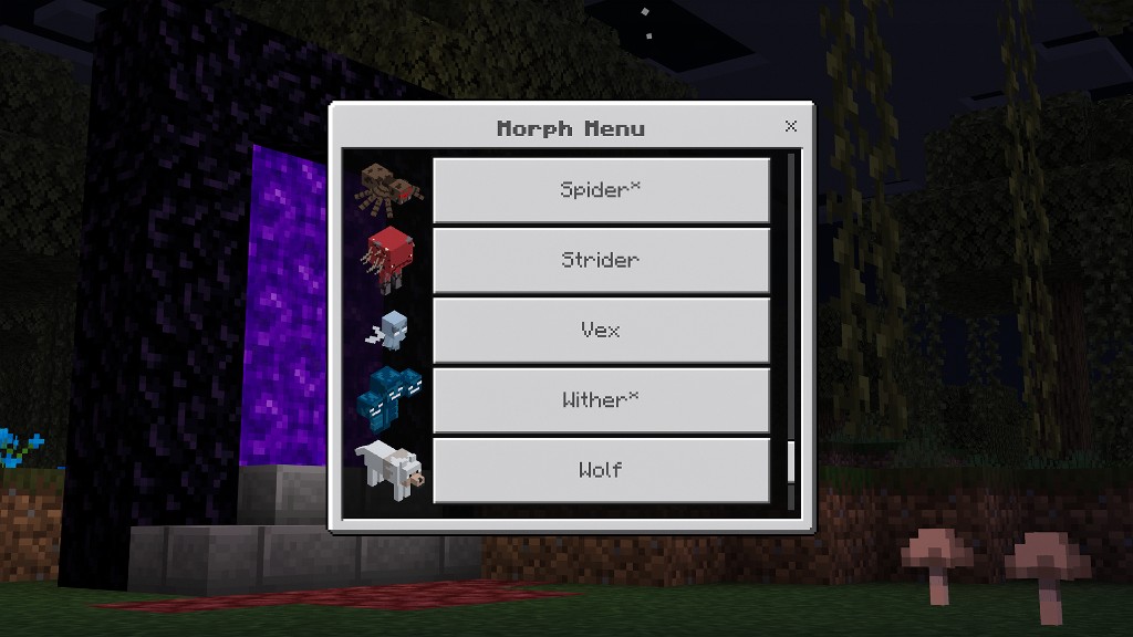 The Morph menu open beside a nether portal, listing Spider, Strider, Vex, Wither, and Wolf
