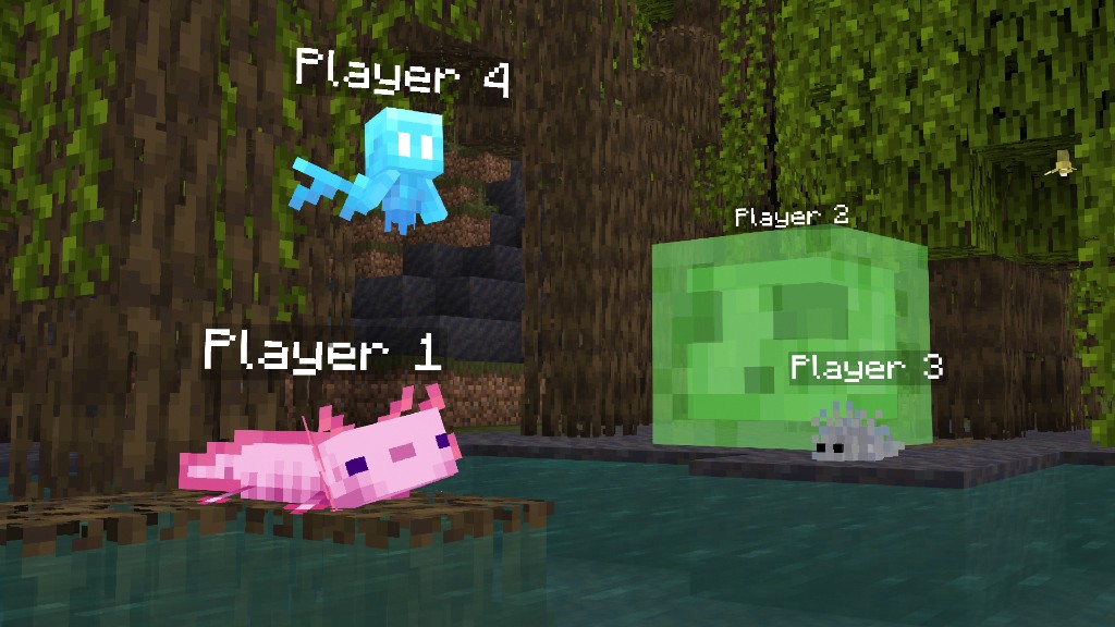 Players morphed into an axolotl, an allay, a slime, and a silverfish in a swamp