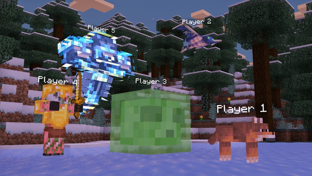 Players morphed into a wolf, an allay, a slime, and a phantom in a snowy forest