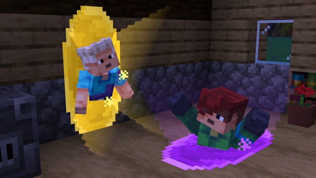 A player on a purple portal and another standing in a yellow portal