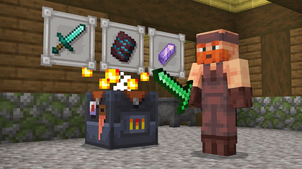 A player holding a trimmed diamond sword beside a smithing table