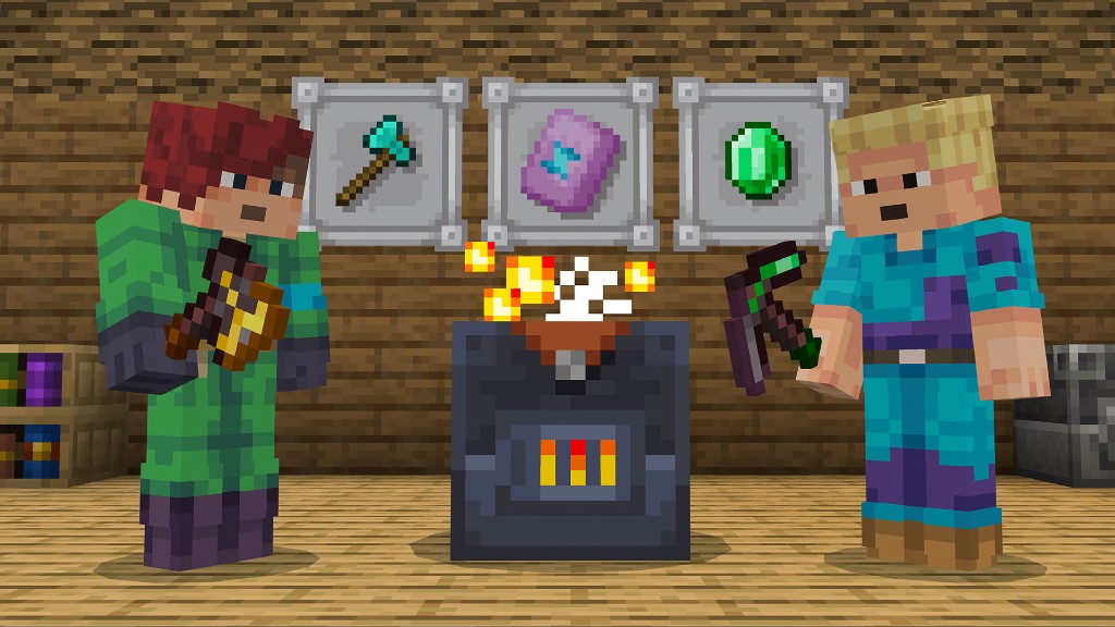 Two players holding trimmed tools beside a smithing table