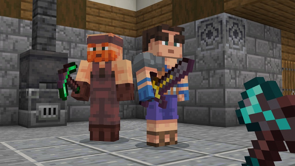 Two players holding a trimmed sword and a trimmed pickaxe