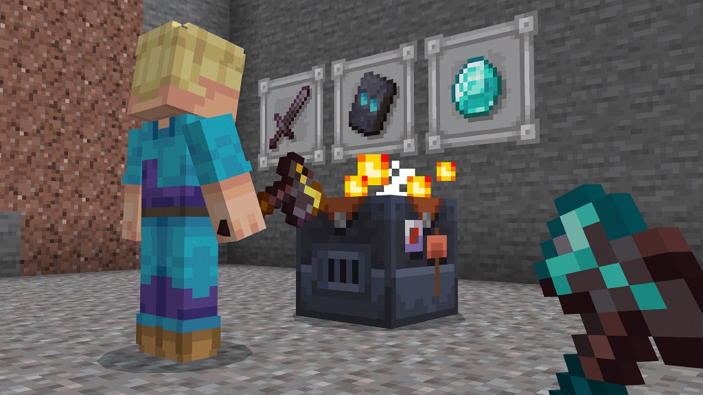 A player beside a smithing table, with a trimmed pickaxe in the foreground