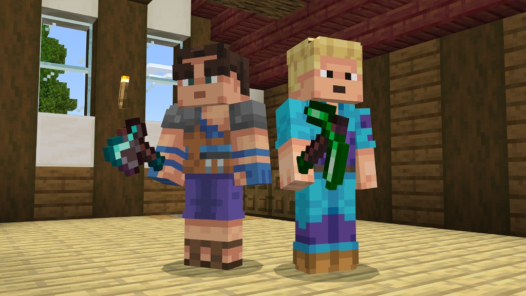 Two players holding trimmed pickaxes inside a wooden house
