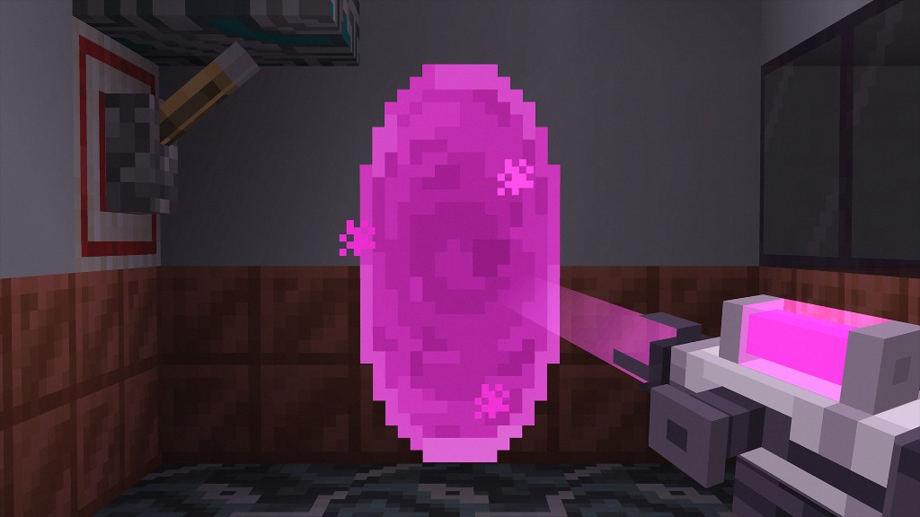 A pink portal on a wall, opened with a portal device